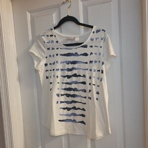 Chicos Zenergy Women's White and Blue Striped Rhinestone Top Medium